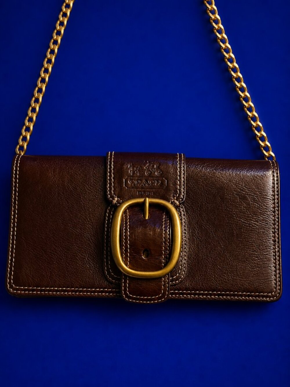 COACH Bleecker Tattersall Leather Flap Shoulder Bag Buckle Wallet with Chain